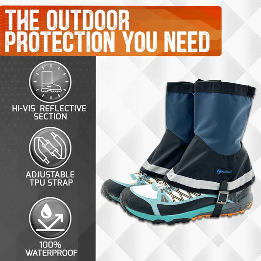 Mid-length gaiters with reflective band and adjustable strap, worn over trail shoe