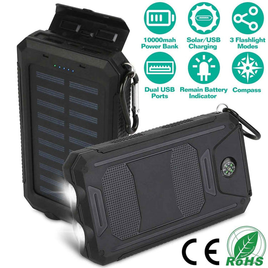 Fold-out solar panel power bank with dual USB ports, flashlight, compass dial and lanyard