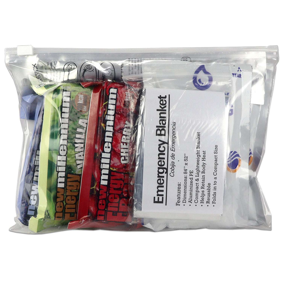 Emergency survival kit in clear bag with emergency blanket and colored bars and pouches.