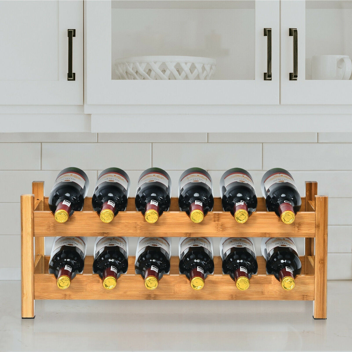 2-Tier Bamboo Wine Rack for 12 Bottles with Horizontal Storage
