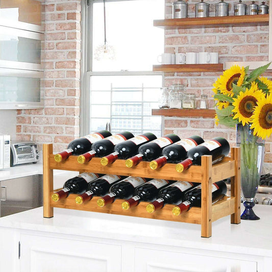 2-tier bamboo wine rack holding 12 bottles, natural wood with two horizontal rows
