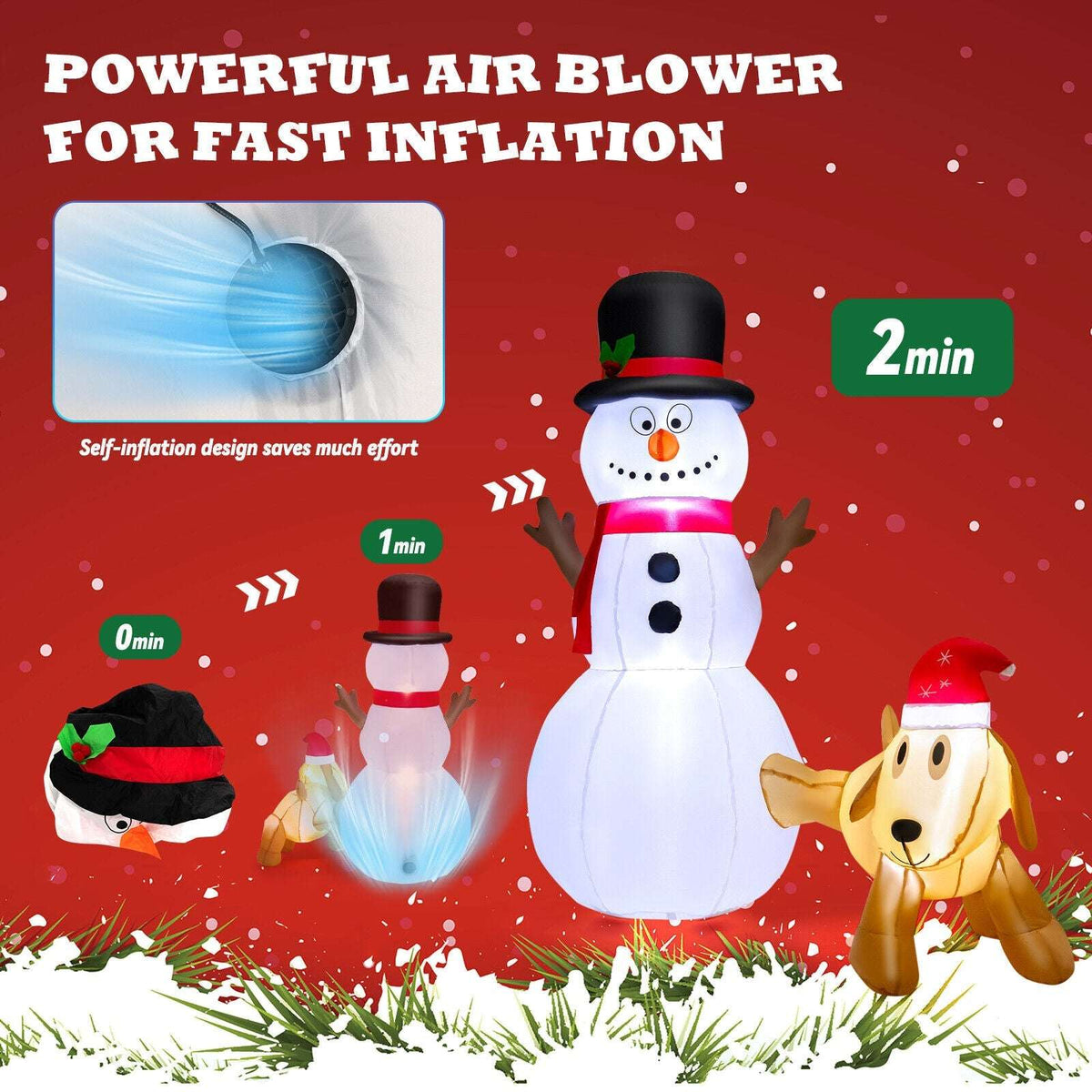 Inflatable snowman and dog decoration shown inflating with a built-in air blower