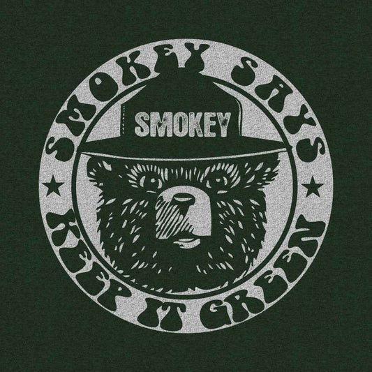 Forest green pullover hoodie with large Smokey Bear graphic on chest