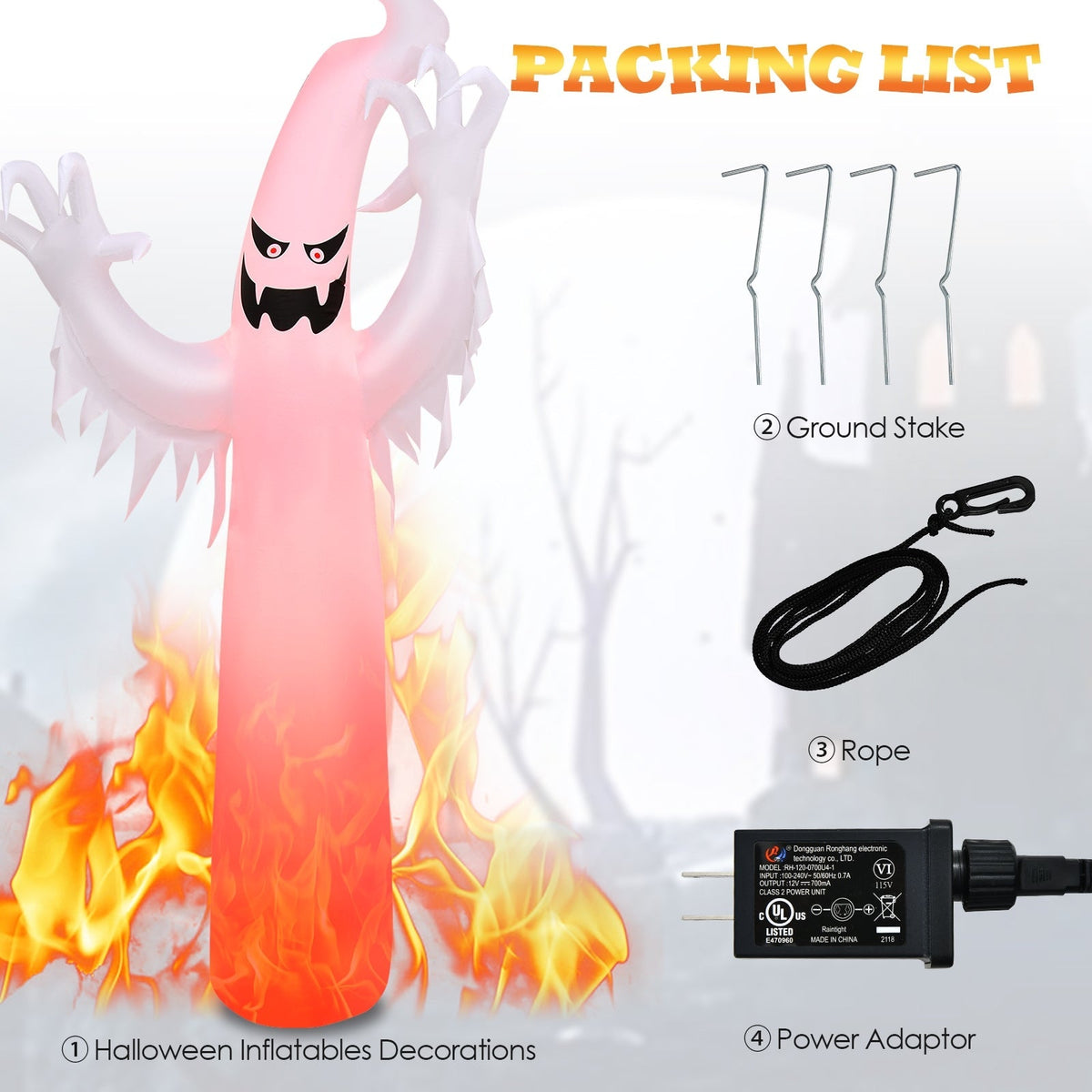 12 Feet Halloween Inflatable Ghost with LED Flame Lights