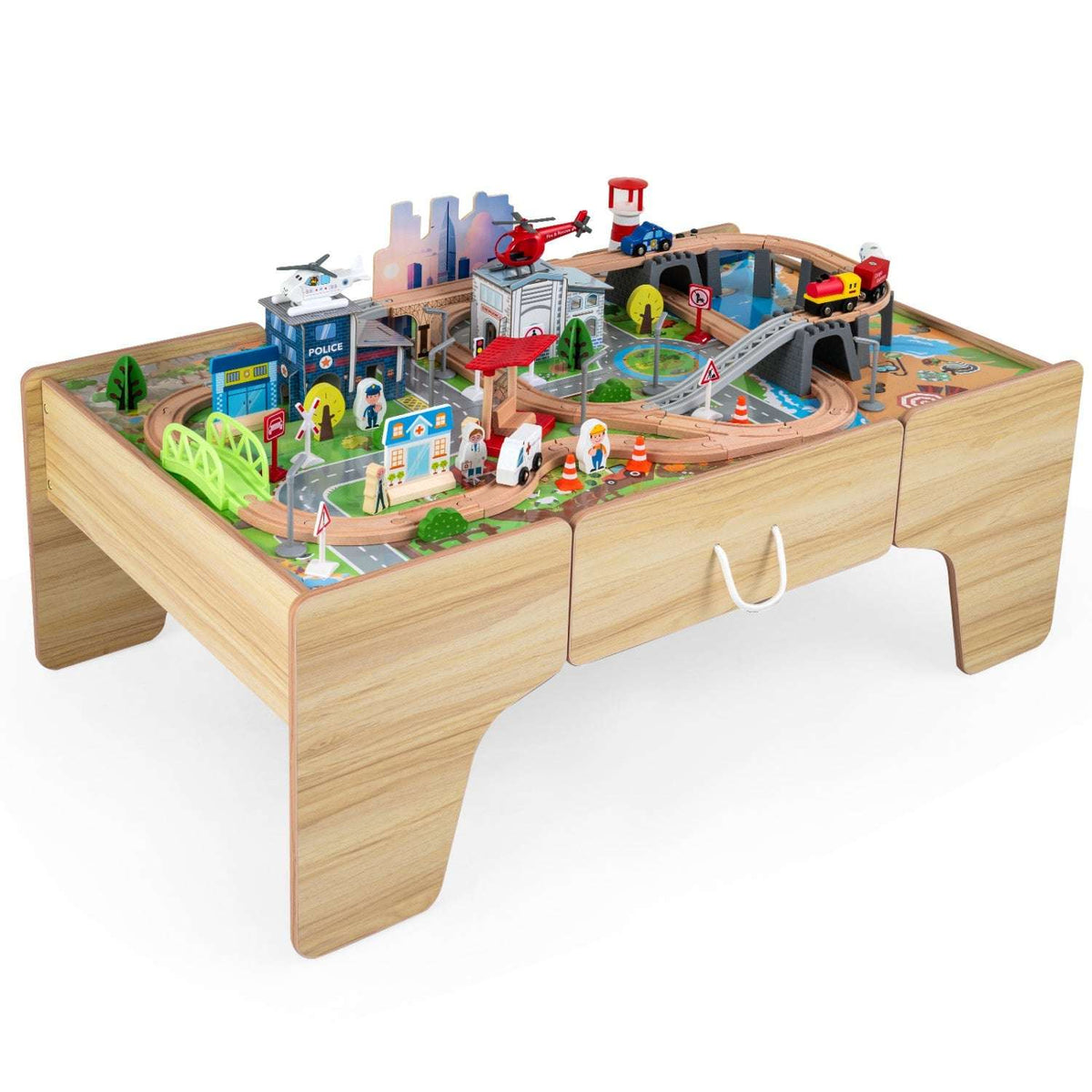 Wooden toddler train table with colorful track pieces and toy vehicles