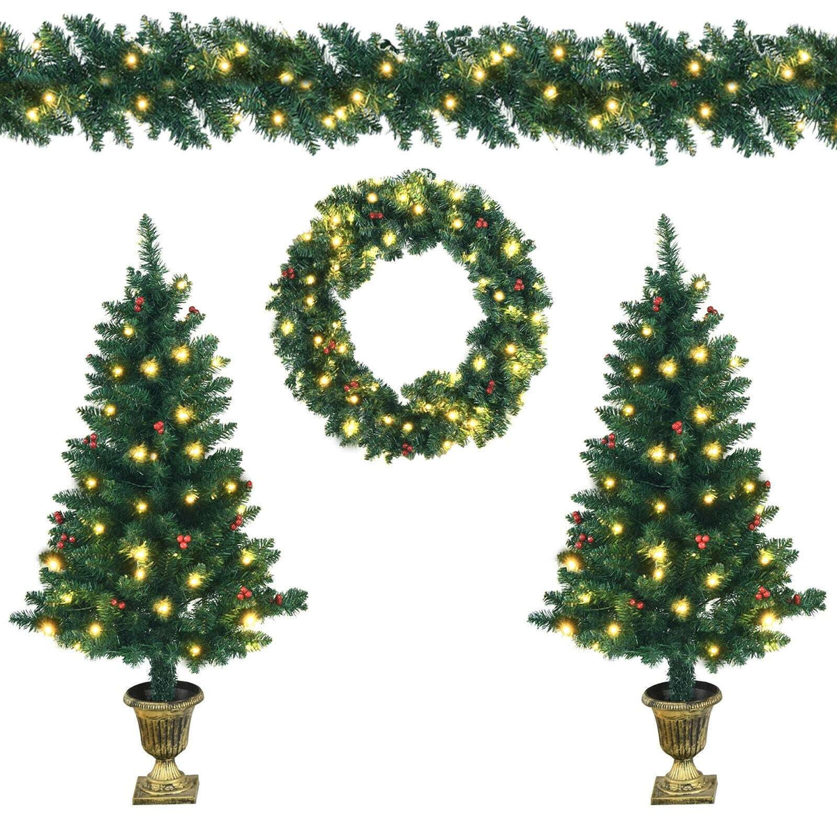 Pre-lit Christmas set with two potted trees, wreath, and a long garland