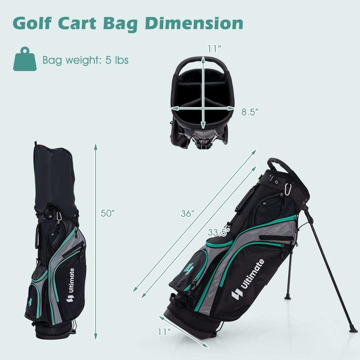 Black golf cart bag with teal accents, side and top views shown