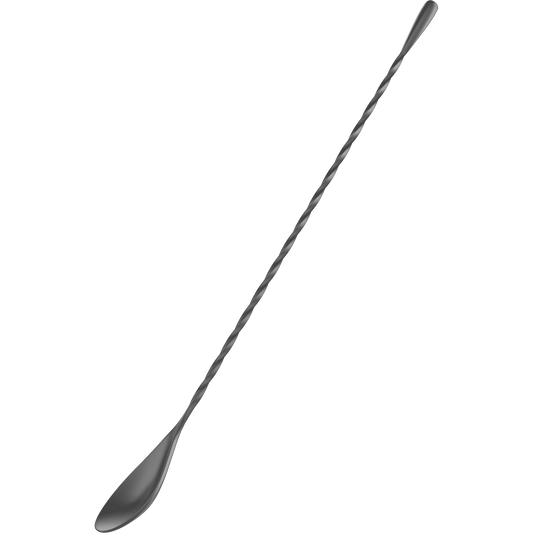 Black right-twist bar spoon angled view, oval bowl and long twisted handle