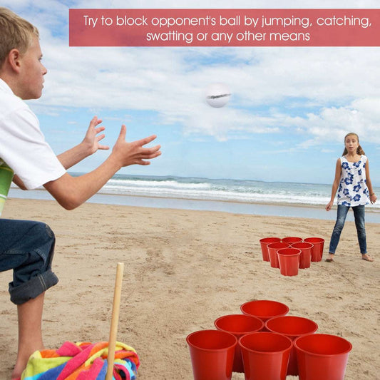 Outdoor bucket pong game set with red cups and foam balls