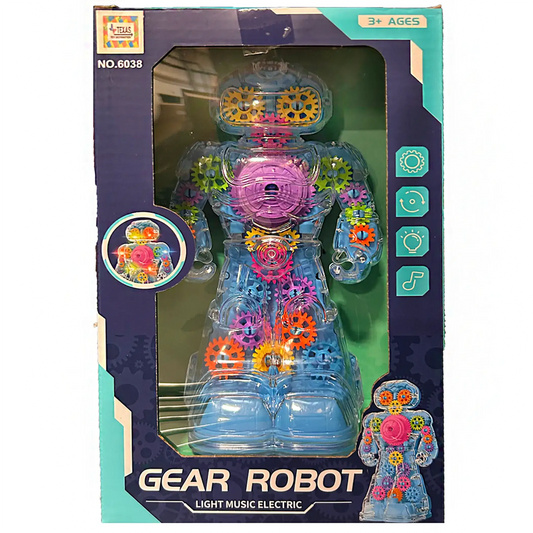 Boxed light-music electric gear robot toy with purple glowing face and gear arms