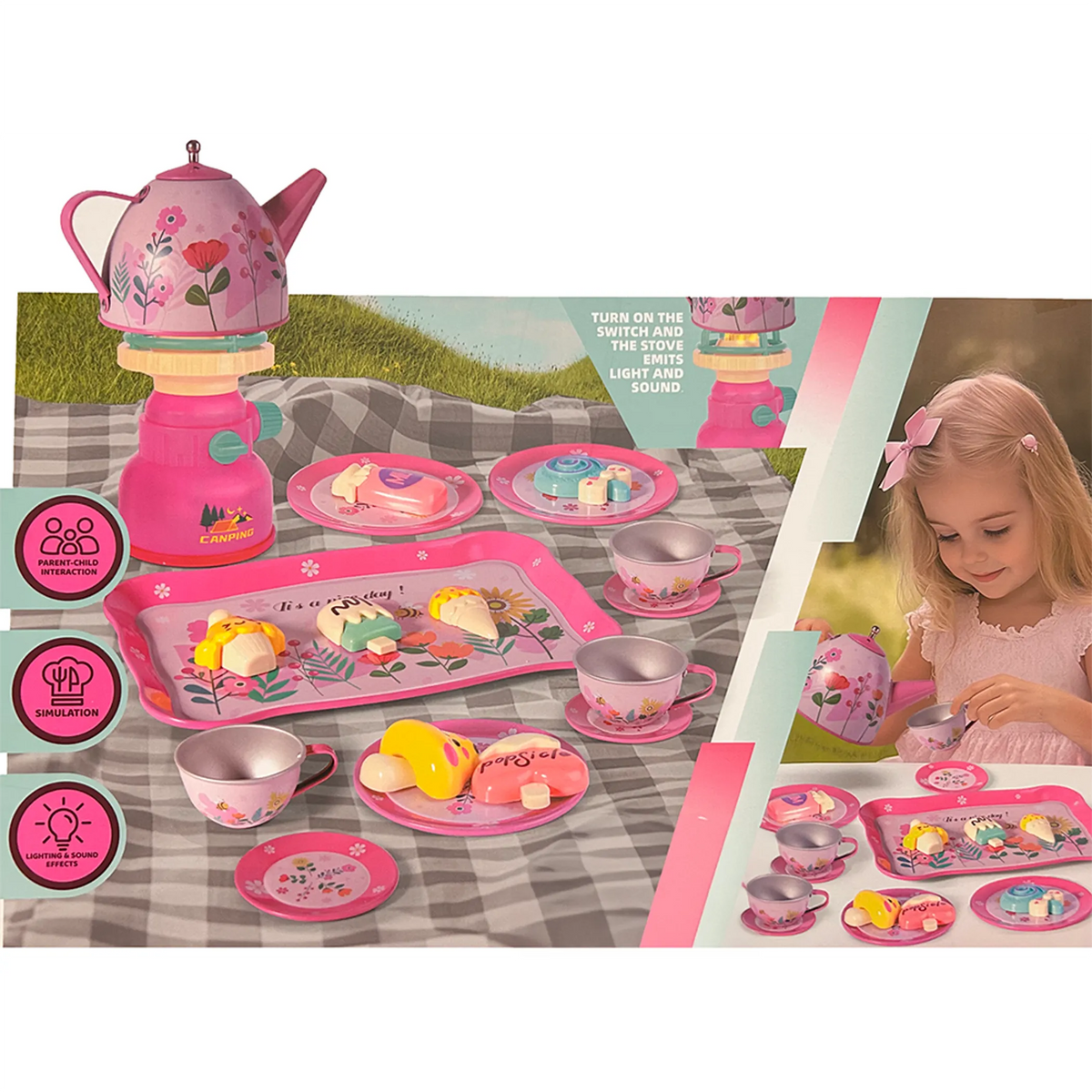 Picnic Tea Play Set with Stove, Desserts, and Plates - 22 pcs