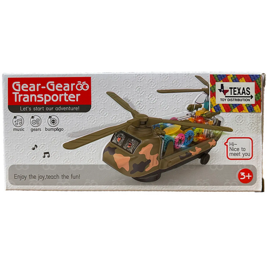 Light-up camo helicopter toy with moving gears, shown in retail packaging