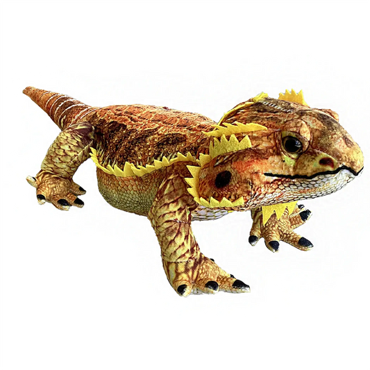 Realistic bearded dragon plush toy, side view with yellow spiky beard and claws.