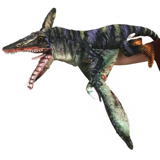 Plush pterosaur hand puppet with dark purple wings, outstretched tail, open red mouth