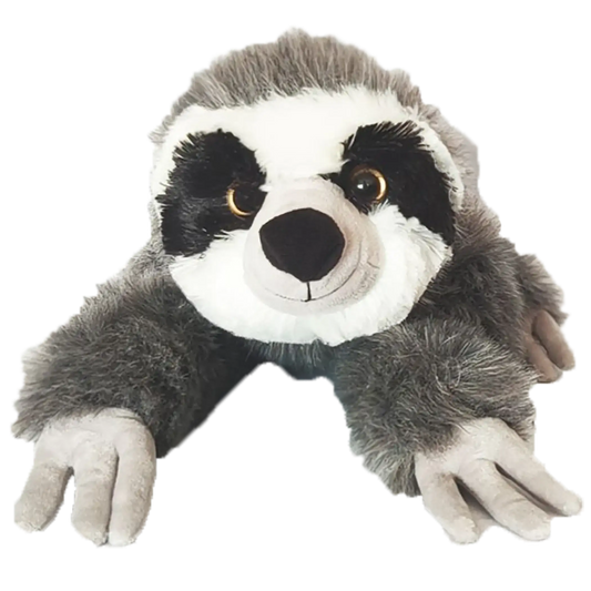 Three-toed sloth plush with open paws, white muzzle, and dark nose