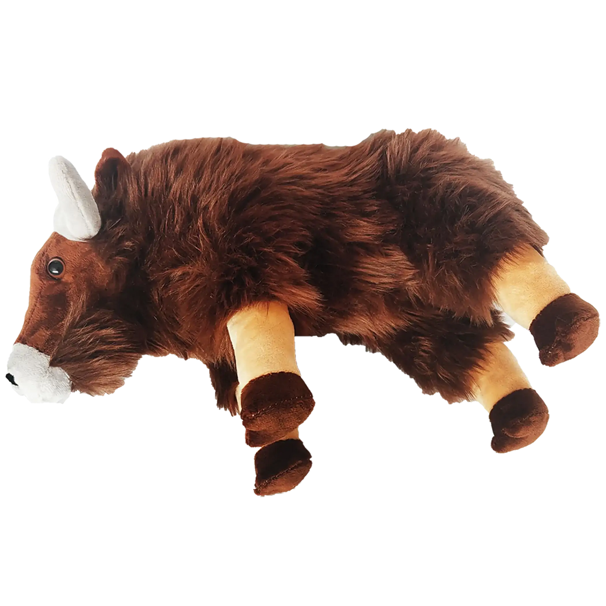 Angled view plush musk ox toy with brown fur, white ear tips, and dark eyes