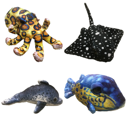 Ocean animal plush set showing octopus, two rays, and a blue dolphin