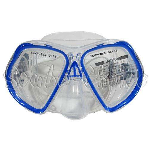 Blue kids silicone snorkeling mask with tempered glass lenses and snorkel strap