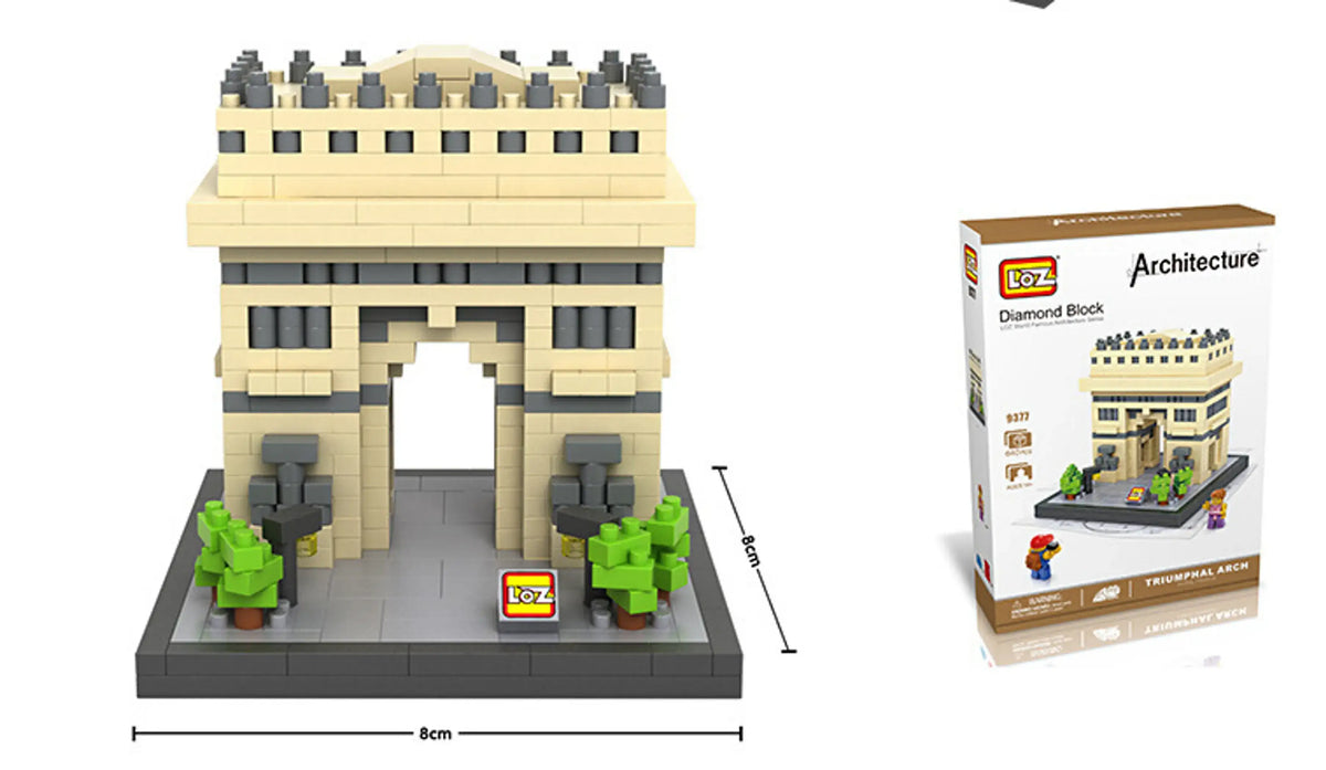 LOZ micro block Arc de Triomphe building set: front model and retail box
