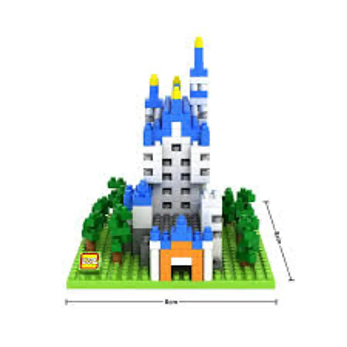 Assembled blue-and-white castle block model with yellow spires and green trees
