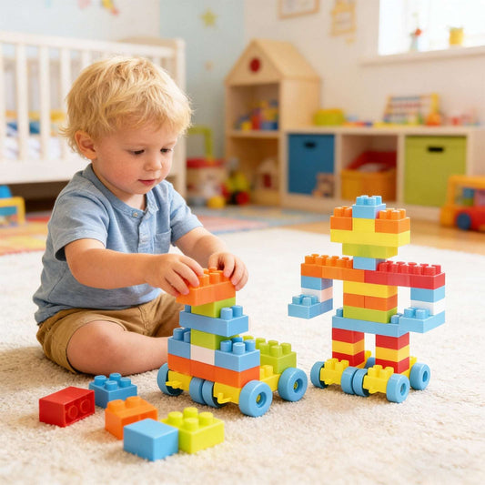 Toddler playing with colorful wheeled block vehicles and loose building pieces