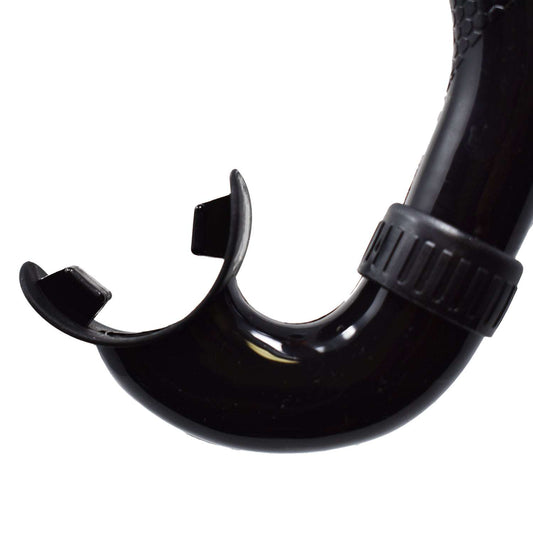 Black flexible snorkel mouthpiece with twin bite sections and front clip