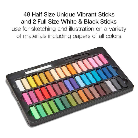 Multicolor soft pastel half-size sticks in black tray, 48 half plus 2 full black/white