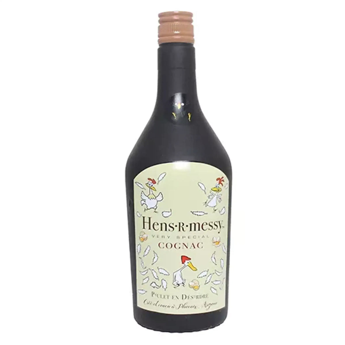 Dark liquor-bottle squeaky dog toy with Hens-R-messy Cognac label and tan cap