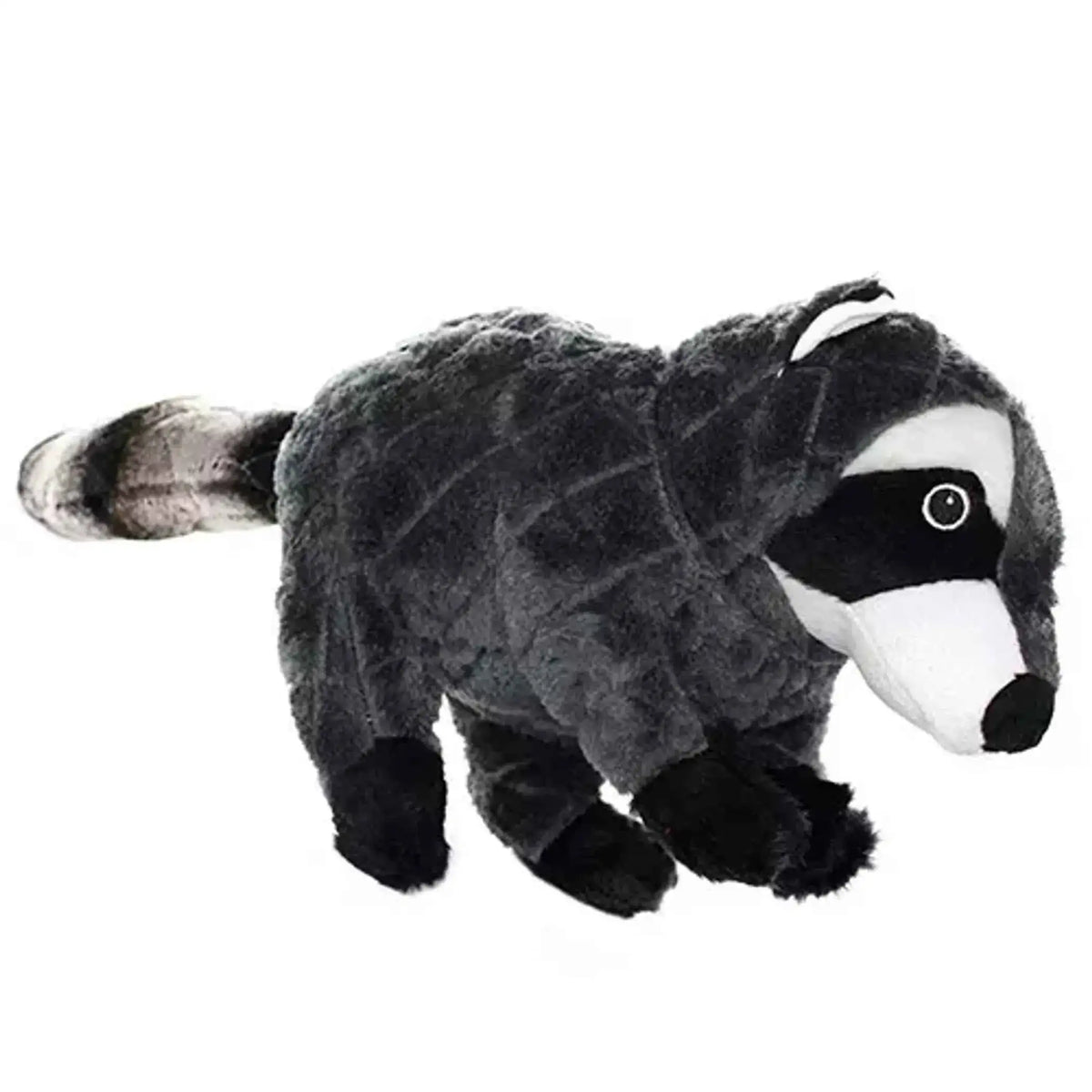 Black and white plush animal toy with white belly and embroidered eye