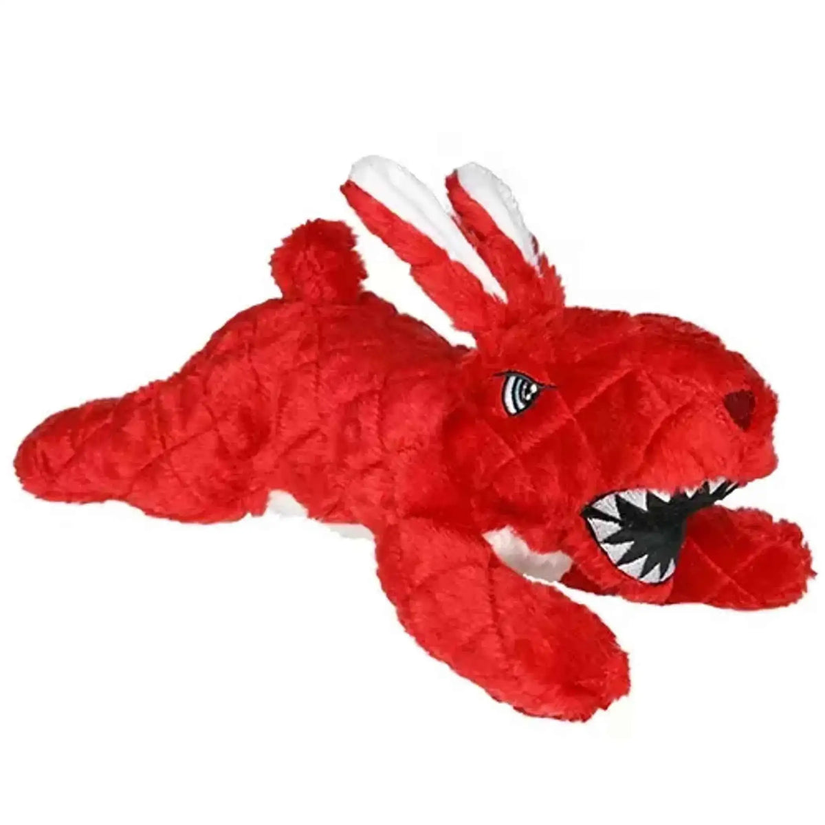 Red plush dragon stuffed animal with open mouth, white claws, embroidered eyes