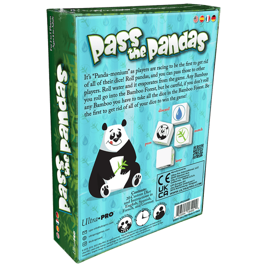 Panda dice game box back with dice icon graphics and product info
