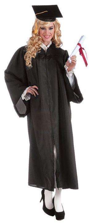 Black full-length graduation robe costume with matching cap, holding a diploma