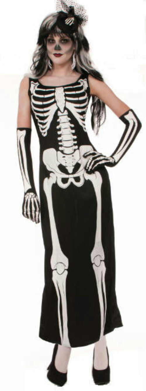 Women's Zombie Skeleton Bone Long Dress Halloween Costume - Black