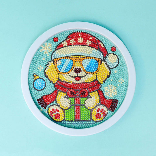 Diamond art round kit featuring a puppy in a red-and-green winter outfit