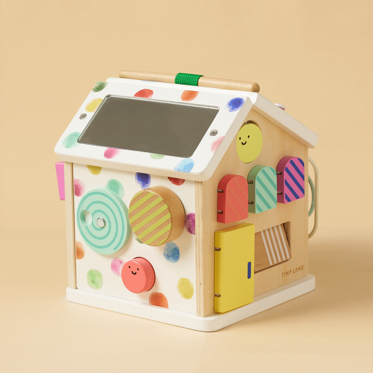 Montessori cottage activity cube with rainbow bead maze and textured doors, natural wood