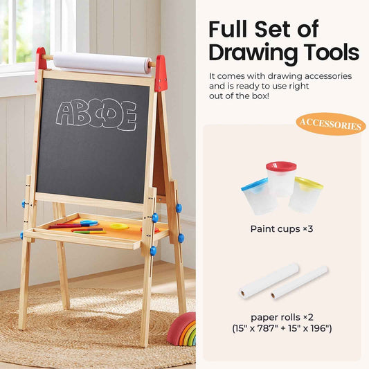 Kids 3-in-1 art easel with chalkboard and paper roll bar, red side clips, wooden legs