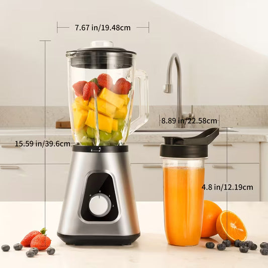Countertop Blender - 52oz Glass Jar & 22oz Travel Cup, Silver