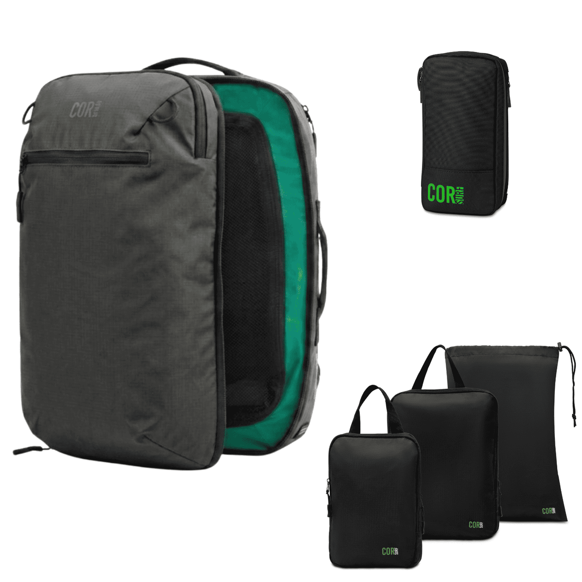 Gray travel backpack with green interior panel, plus black packing cubes and toiletry bag set