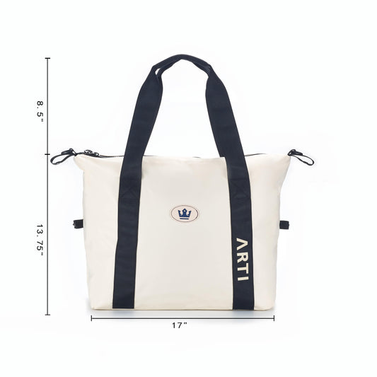Cream duffle bag with navy carry handles, side drawstring pulls, front logo patch and ARTI print