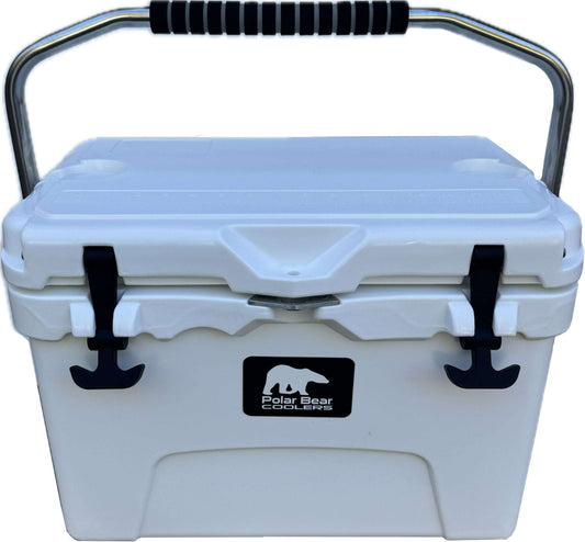 White hard cooler with black swing-up latch handles and top grip