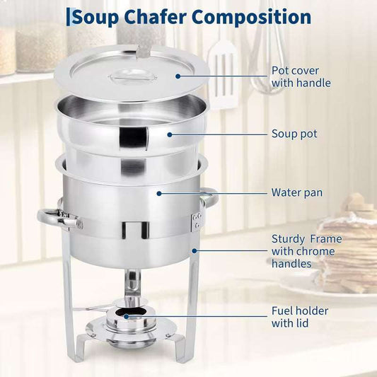 Stainless steel soup chafing pot set with lid, water pan, and sturdy frame handles