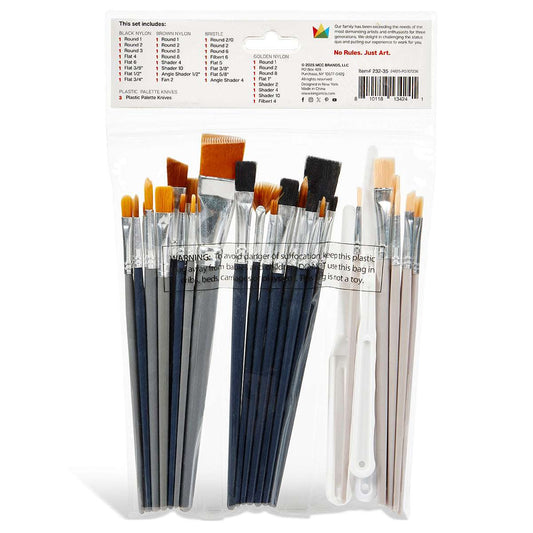 All-media painting brush tool set with tall bristles; orange, black, and tan brush heads