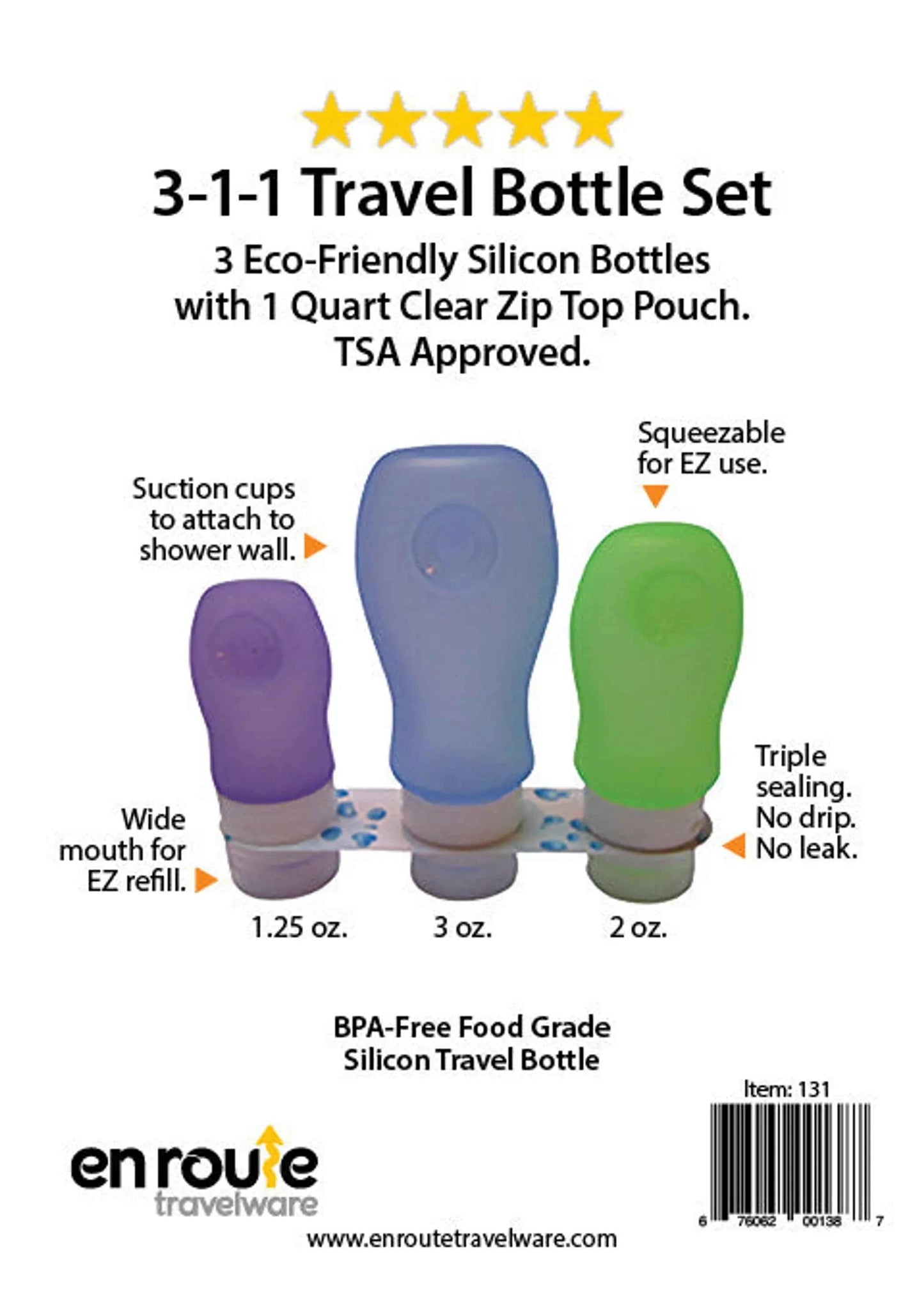 En Route Travelware TSA-Approved Travel Bottle Set | 3-Pack Squeezable Silicone | 1.25, 2 & 3 oz