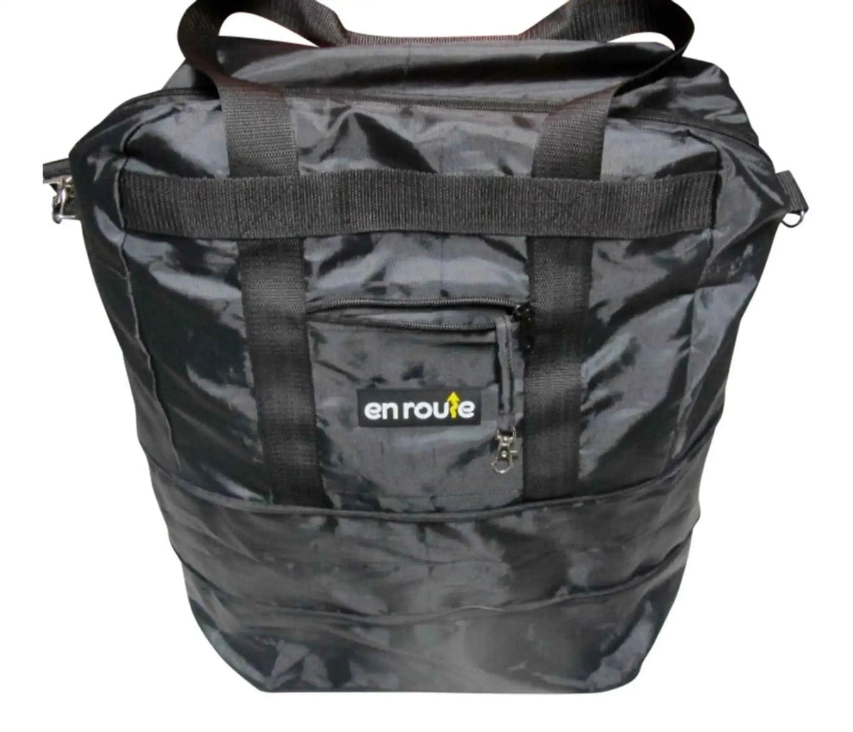 Dark gray tote bag with enroute logo patch and front zipper pocket