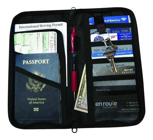 Black RFID-blocking travel document holder with zip pocket and key ring