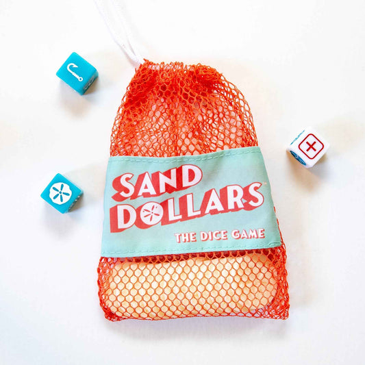 Sand Dollars dice game pouch in orange mesh with logo patch and blue cube dice