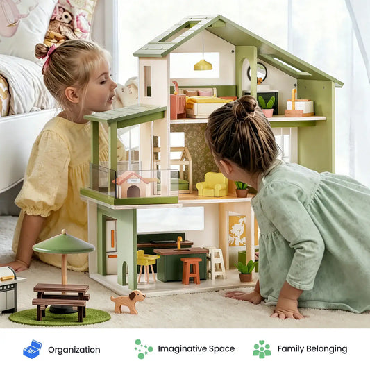 Green-roof wooden dollhouse with pastel rooms, balcony, and miniature furniture