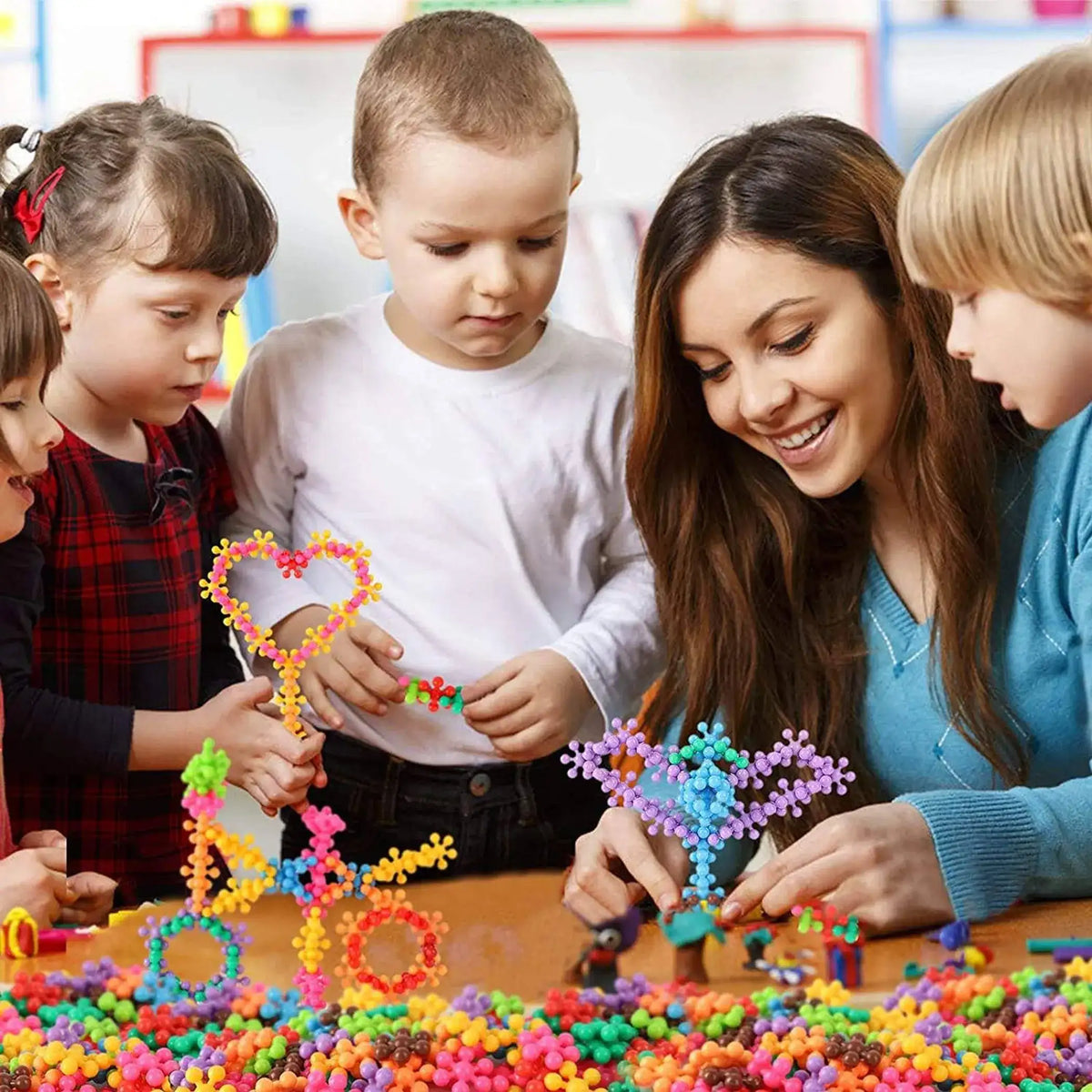 Colorful 3D interlocking bead building blocks toy set, kids assembling flower and star shapes