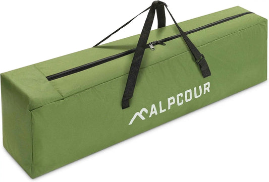 Army green heavy-duty camping cot bag with webbing straps and top carry loops
