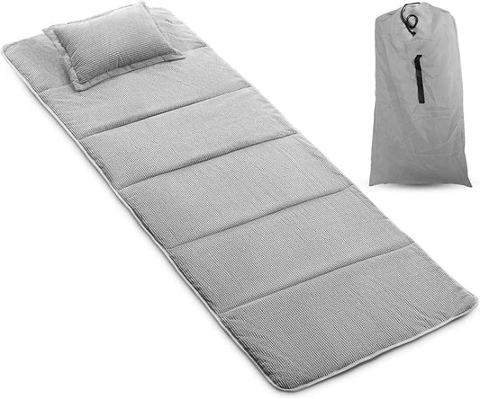 Grey camping cot mattress pad with pillow, waterproof corduroy fabric